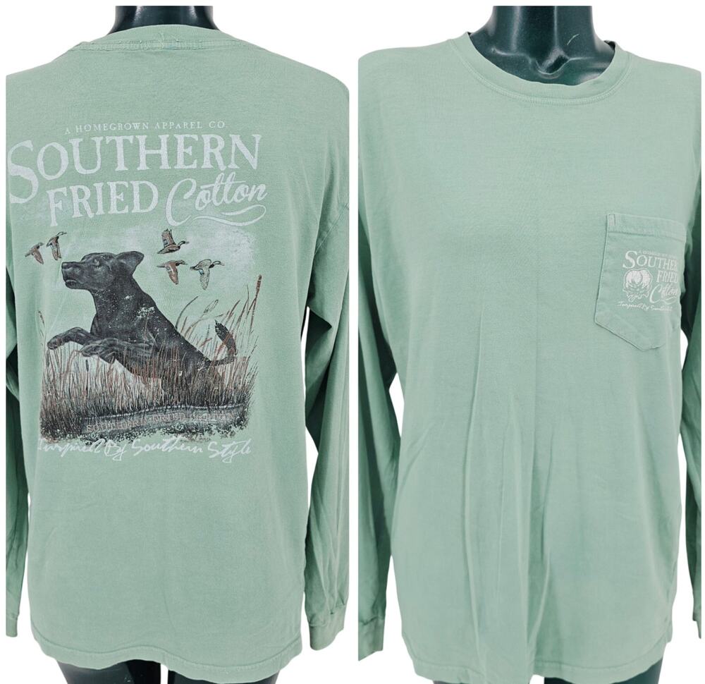 Southern Fried Cotton black lab hunting graphic long sleeve tshirt green L 4067